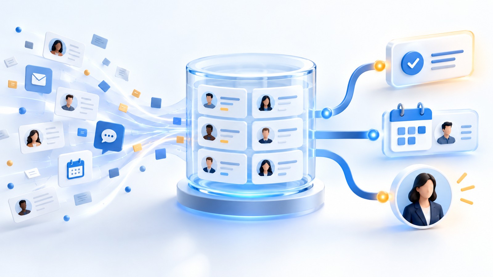 Customer messages and contact cards flow into a blue CRM hub, then branch into a completed task, a calendar meeting and a human advisor