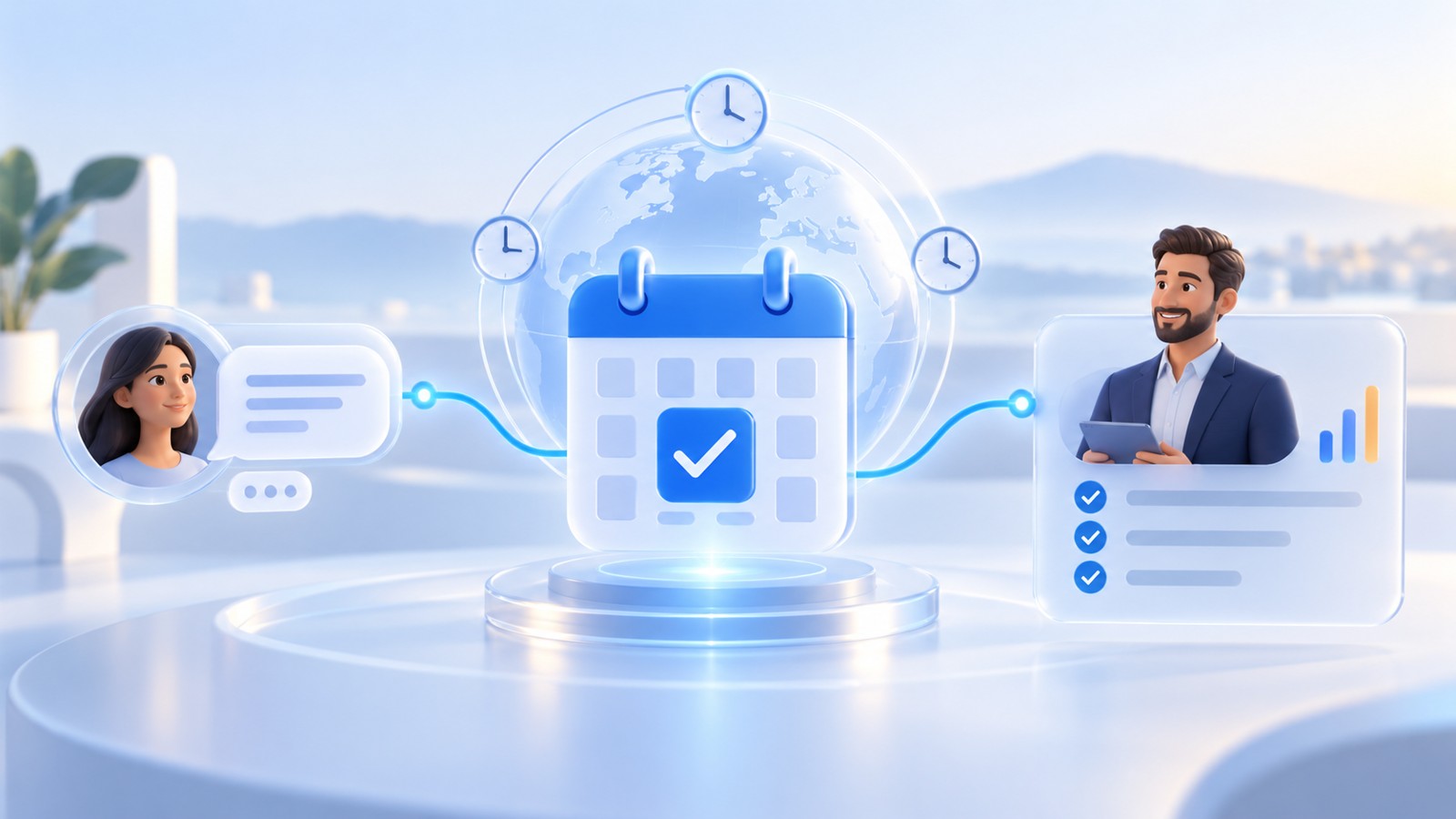 A blue calendar with a confirmation check connects a lead conversation to a sales advisor, with clocks and a globe representing time zones