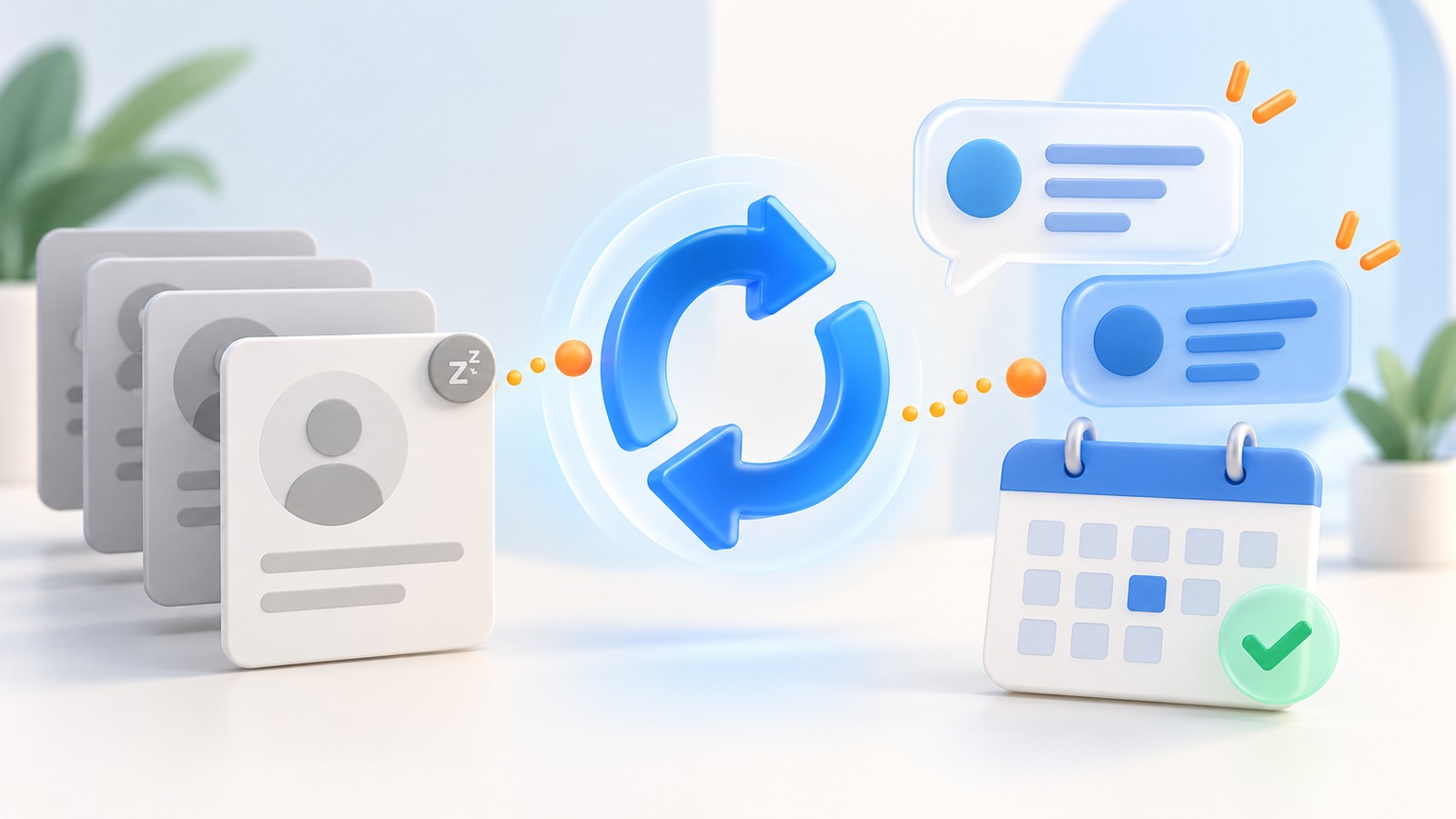 Dormant CRM contact cards pass through a blue refresh arrow into active conversation bubbles and a calendar
