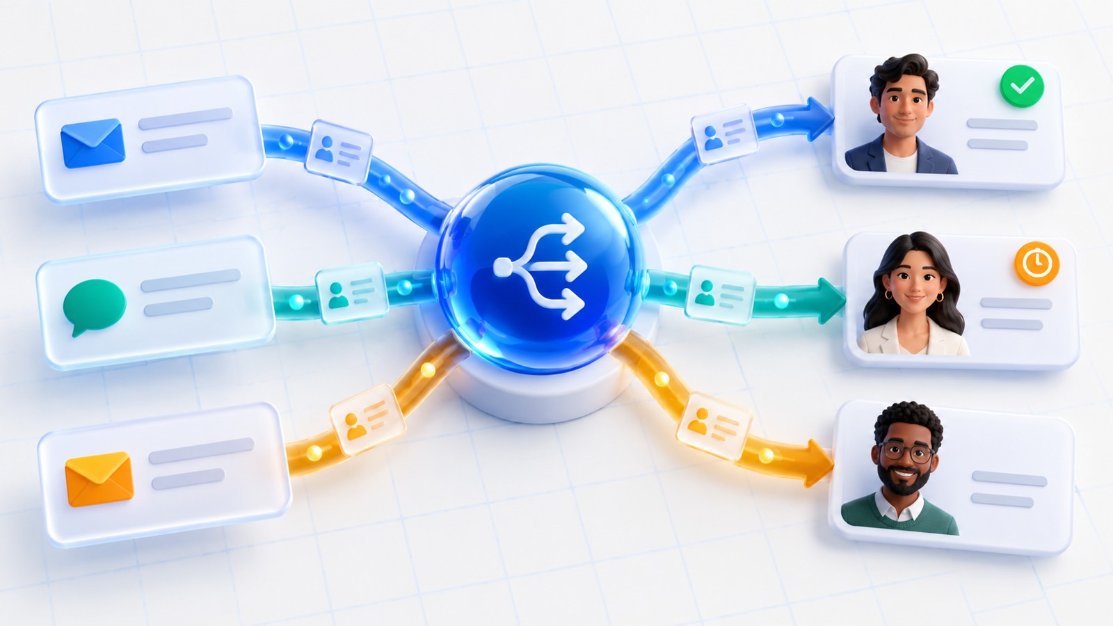 Enquiry cards pass through a blue routing hub toward sales representative cards with acceptance and availability indicators