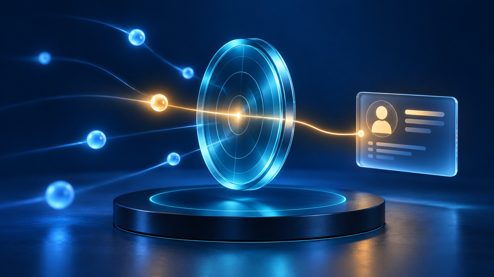 A glowing blue lens brings scattered signals into focus beside a customer record, illustrating thoughtful sales prioritization.