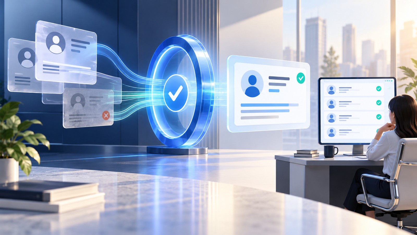 An analyst reviews customer records as duplicate and outdated cards pass through a blue checking ring into an organized CRM board