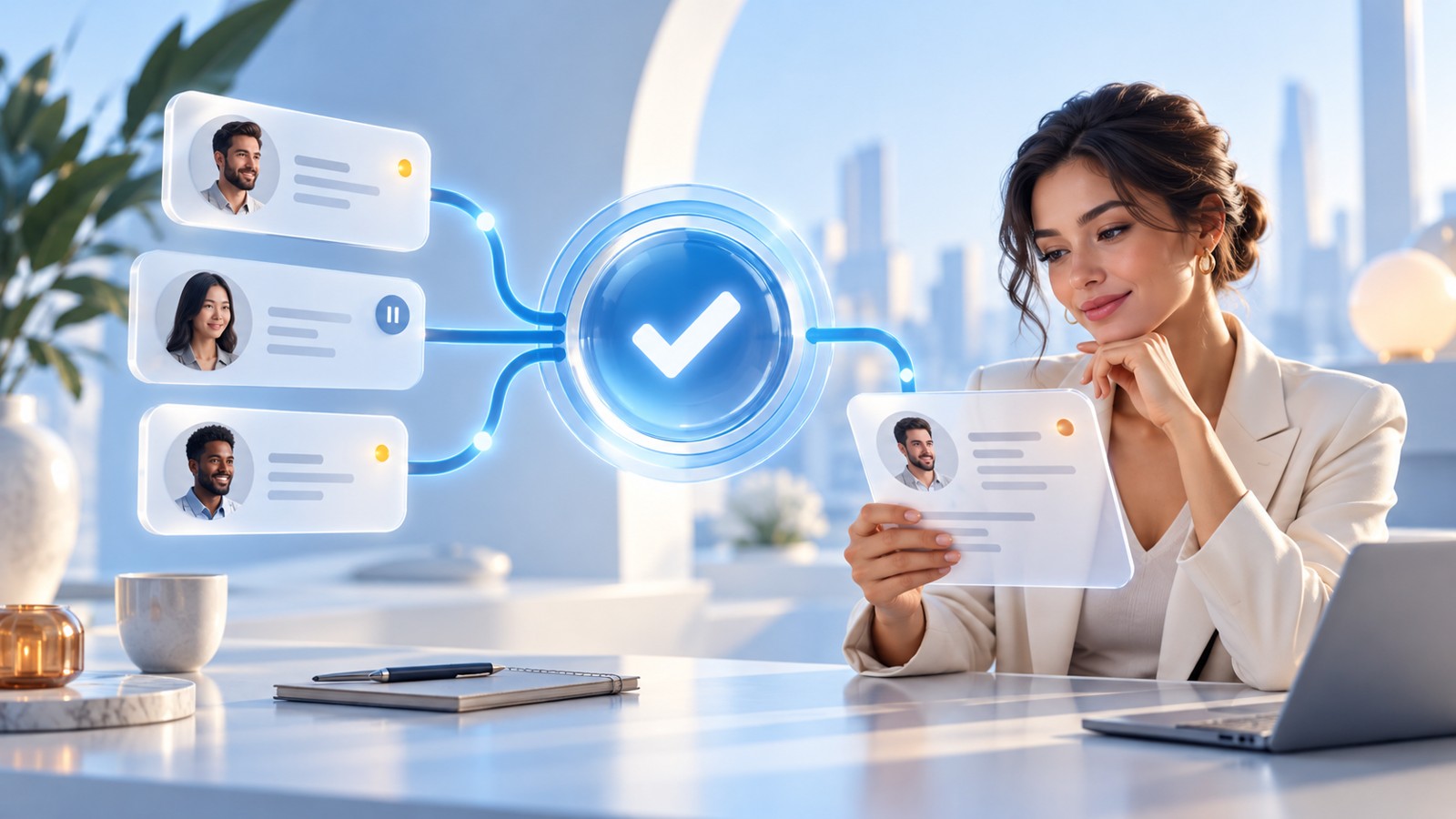 A sales advisor reviews a customer card beside a blue approval gateway connecting lead profiles to a human handoff