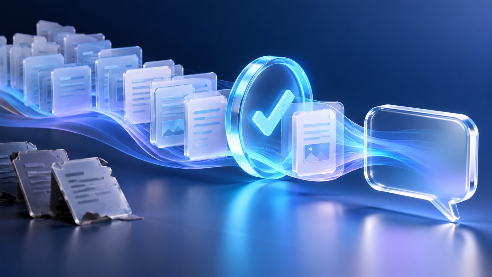 Approved document cards flow through a luminous checkmark into a clear conversation bubble