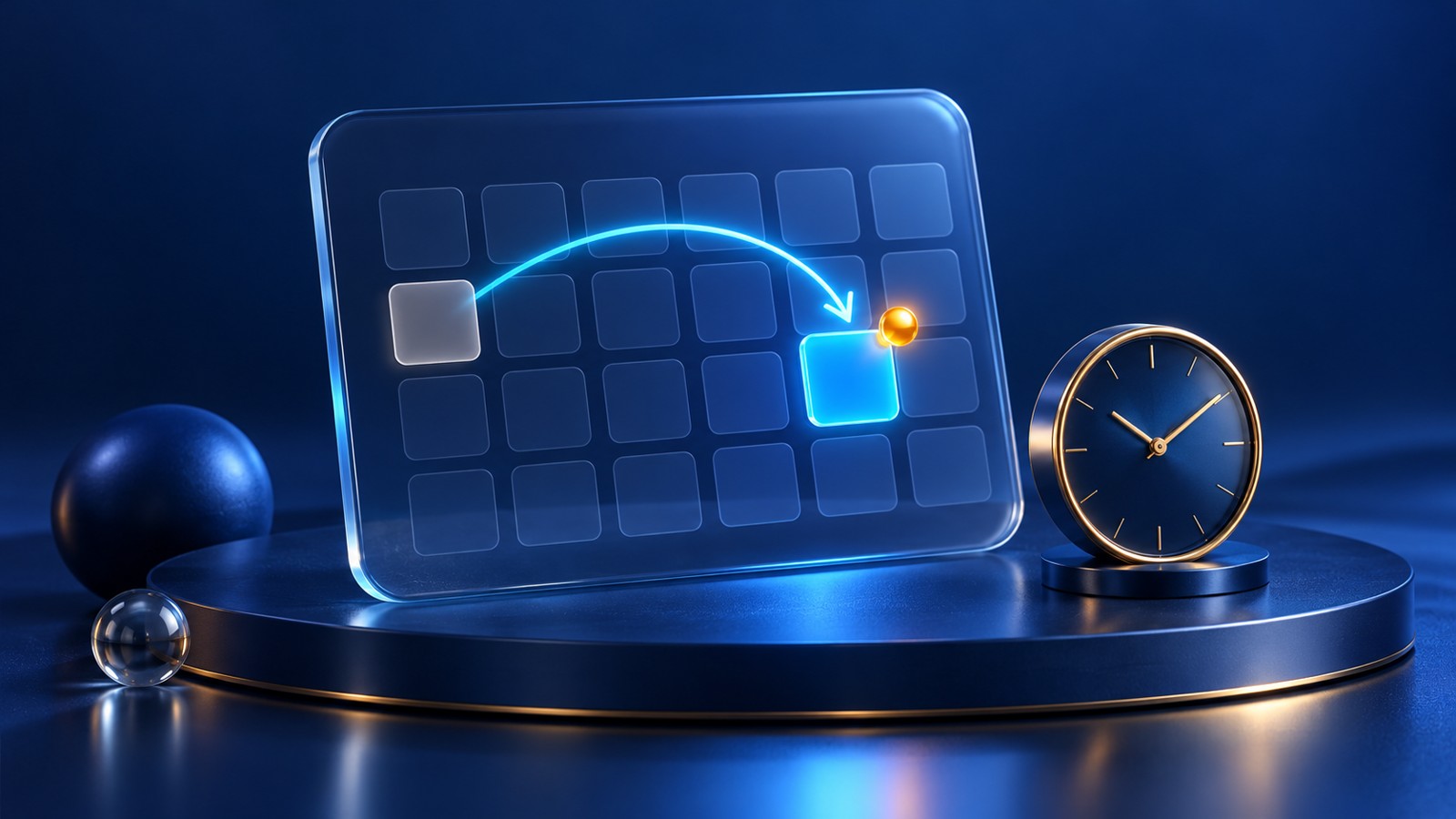 A blue glass calendar and clock show a path from a missed appointment to a new meeting slot