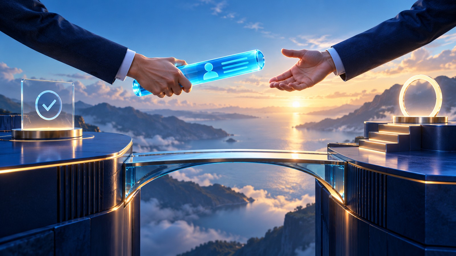 A luminous customer record crosses a blue bridge from an agreement to a first onboarding milestone